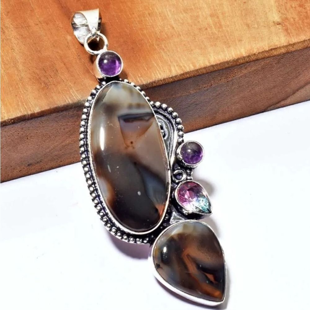 Montana Agate Amethyst Ethnic Handmade Pendant Jewelry 3.4"